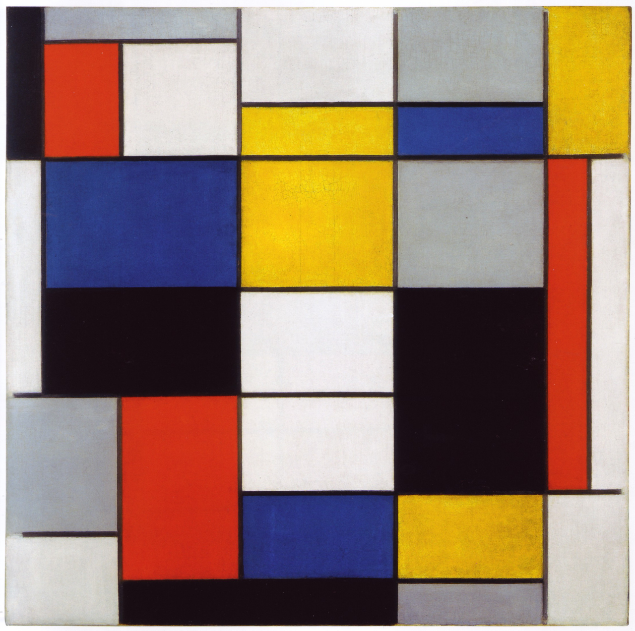 Composição de Piet Mondrian com blocos de cores primárias e linhas pretas ortogonais