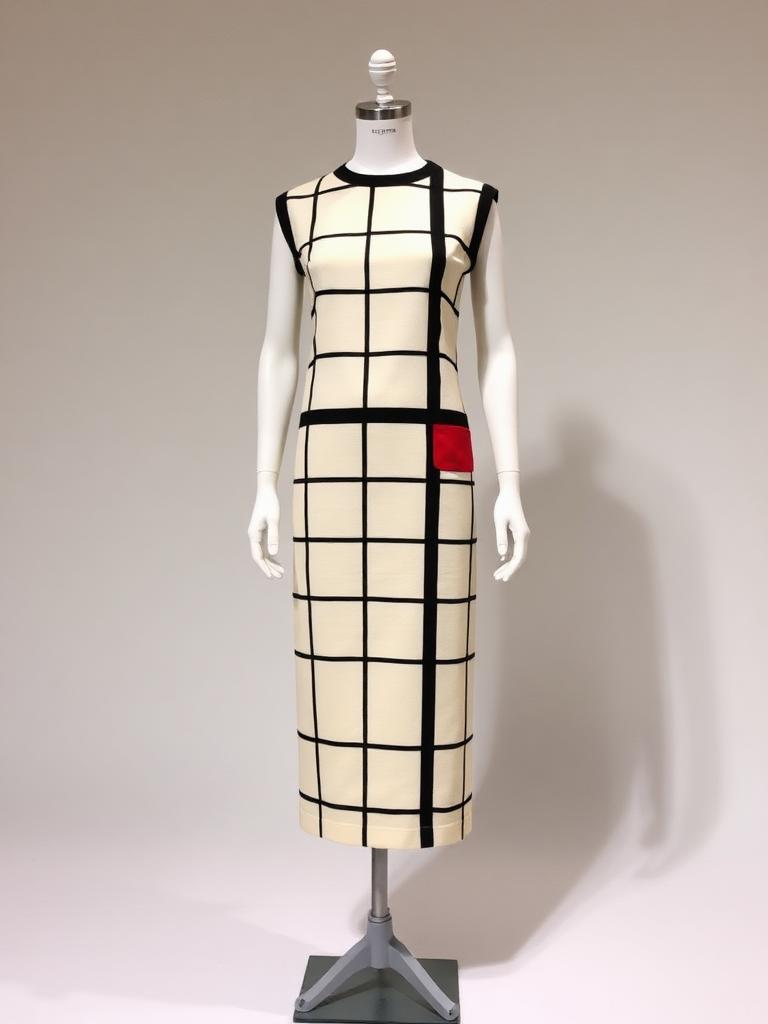 Vestido YSL Mondrian de 1965 com grade preta e bloco vermelho no quadril