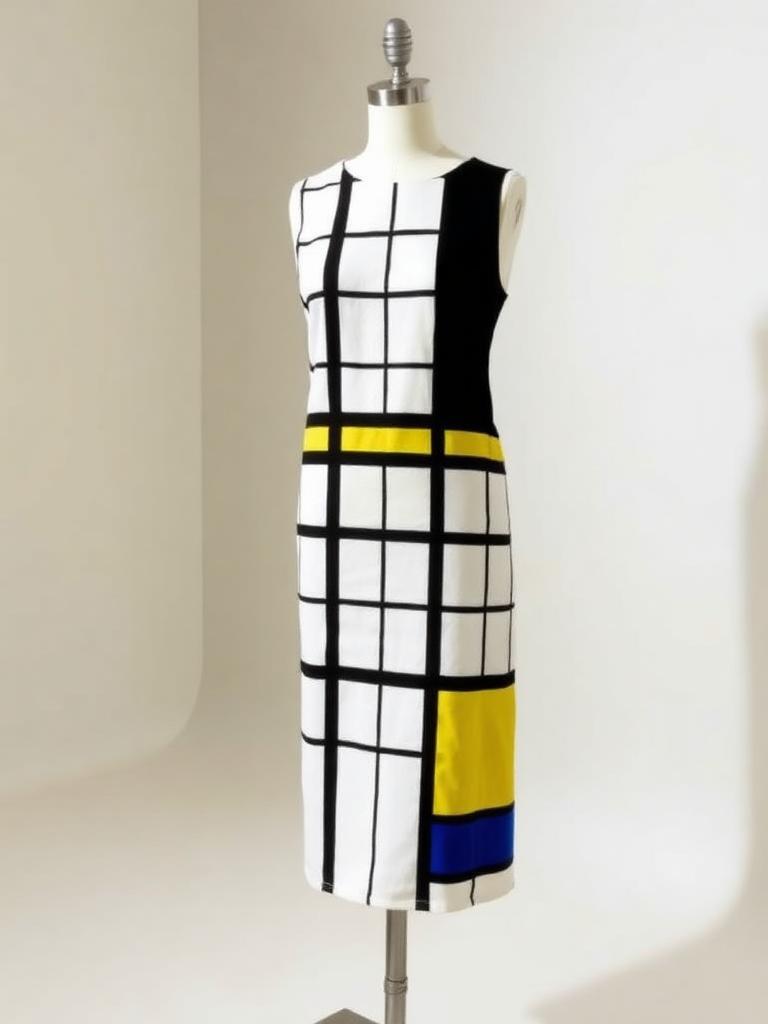 Vestido YSL Mondrian de 1965 com blocos amarelo e azul sobre fundo branco